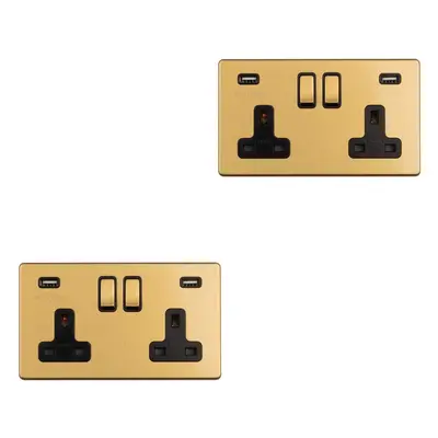 2 PACK Gang Double 13A UK Plug Socket & 2.1A USB-A SCREWLESS SATIN BRASS