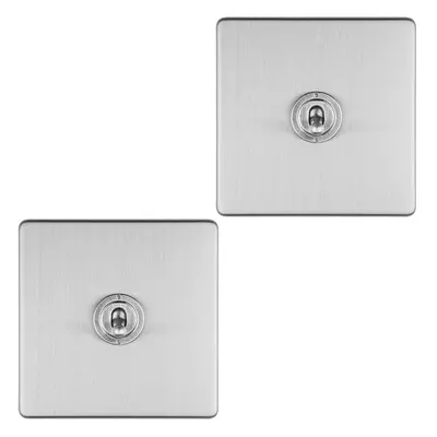 2 PACK Gang Single Retro Toggle Light Switch SCREWLESS SATIN STEEL 10A Way