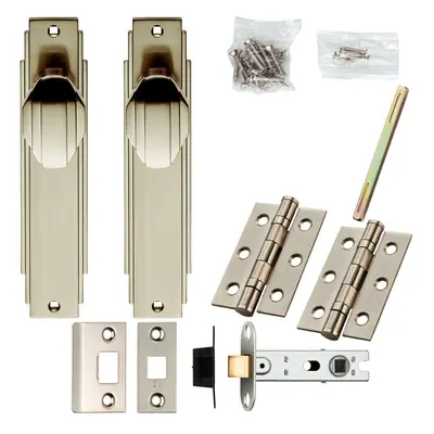 Door Knob & Latch Pack Satin Nickel Art Deco Premium Lever Slim Backplate