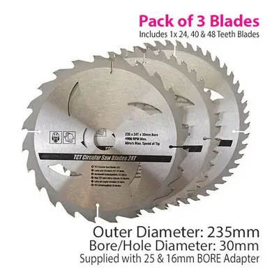 QTY 235mm x 30mm TCT Circular Saw Blades 24T 40T 48T 25mm 16mm Rings