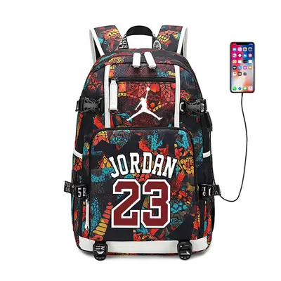 (Red) Basketball Player Jordan Logo Backpack Luminous Fluorescent Daypack USB Taptop Ruckpack Ki