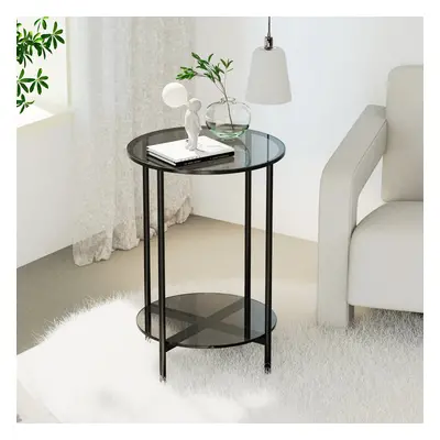 2-Tier Round Glass Coffee Table - Modern Sofa Side Table with Metal Frame for Living Room