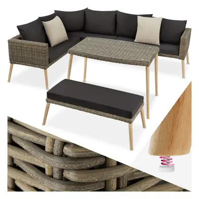 (nature) Rattan Garden Lounge Set Corner Sofa Bench Coffee Table with Cushions