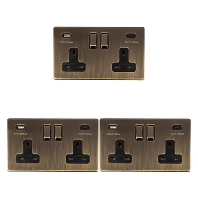 3 PACK Gang Double 13A UK Plug Socket & 2x 3.1A USB-C SCREWLESS ANTIQUE BRASS