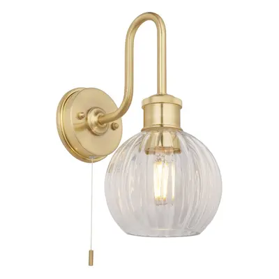 Satin Brass Bathroom Wall Light & Ribbed Glass Shade IP44 Rated Knurled Detail