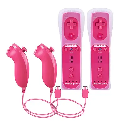 (Pink- Set) 2PCS Remote Controller with Nunchuck Controller for Wii Console Wireless