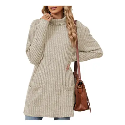 (L, apricot) New Solid Color Half Turtle Neck Long Sleeve Casual Pocket Tops for Women Tops