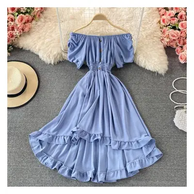 (blue, One Size) Solid Red Summer Woman Dress Off Shoulder Sheath Korean Casual Dresses For Wome