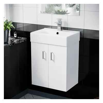 450mm White Ceramic Basin Vanity MDF Cabinet Bathroom Wall Hung Unit | Nanuya