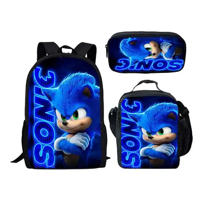 (10) 3PCS Sonic School Bag Lunch Bag Pencil Case Kids Set