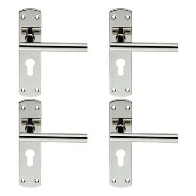 4x Mitred T Bar Lever Door Handle on Euro Lock Backplate x 44mm Steel