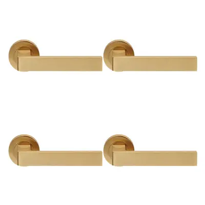 4x PAIR Straight Square Handle on Round Rose Concealed Fix Satin Brass