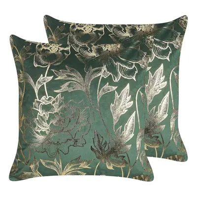 Set of Velvet Cushions Floral Print x cm Green DAFFODIL