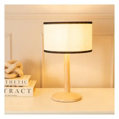 ValueLights Triston Linen Black Trim Shade Wooden Table Lamp & Bulb