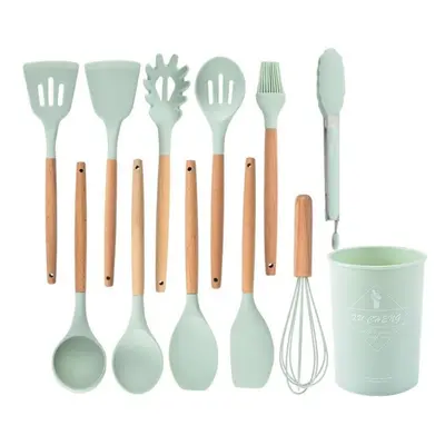 (mint green, 12pcs (with storage bucket )) Non-stick Silicone Kitchenware Cooking Utensils Set C