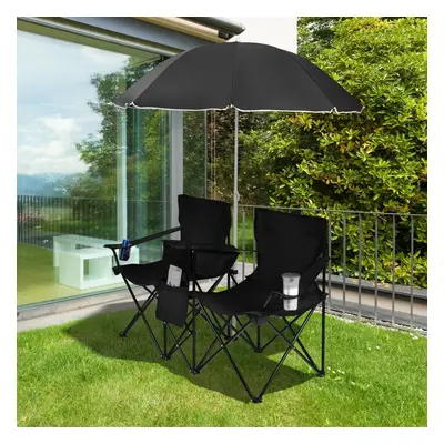 Outdoor Portable Double Camping Chair Folding Picnic Chairs W/ Umbrella Ice Bag