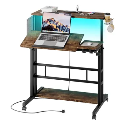 Mobile Standing Desk with Power Light Storage Cup Holder Hooks