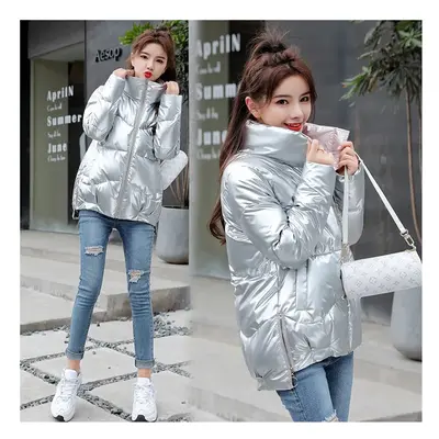 (Silver, S) New Winter Jacket Women Parkas Glossy Warm Thicken Coat Female Cotton Padded Parka W