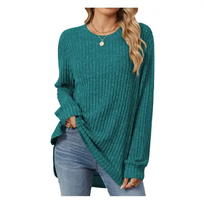 (M, peacock blue) New Round Neck Brushed Solid Color Casual Long-sleeved T-shirt Tops for Women