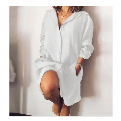 (A, XXL) Women's Cotton Mid Long Sleeved Solid Cardigan Shirt Women's Blouses Trend Casual Long 