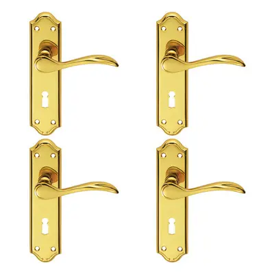 4x PAIR Curved Door Handle Lever on Lock Backplate x 45mm Polished Brass