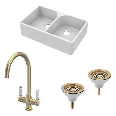 Fireclay Kitchen Bundle - Double Bowl Full Weir Butler Sink No Overflow, Wastes & Lever Tap, 795