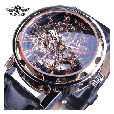 (black,rose gold) T-winner Men Relogios Skeleton Watches Brand Luxury Leather Strip Wrist Watch 