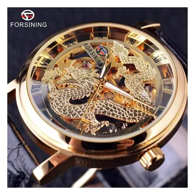 (gold) Forsining New Top Men&apos;s Watch Casual Skeleton Mechanical Watch Fashion Trend Dragon 