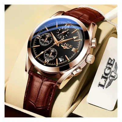 (Gold Black) LIGE Men Watch Original Leather strap waterproof sports chronograph wrist watch