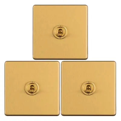 3 PACK Gang Single Retro Toggle Light Switch SCREWLESS SATIN BRASS 10A Way