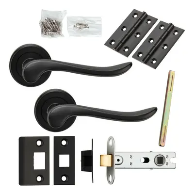 Door Handle & Latch Pack Matt Black Scroll Shaped Lever Screwless Round Rose