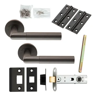 Door Handle & Latch Pack Matt Black Knurled Mitred Lever Screwless Round Rose