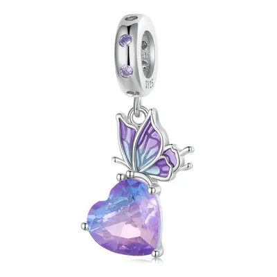 Butterfly On Love Heart Dangle Charm Pendant With Cubic Zirconia Genuine Sterling Silver Compati