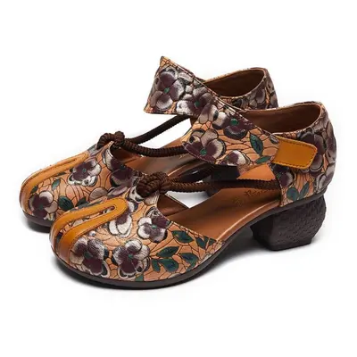 (orange, 39) New Women Sandals Summer Genuine Leather Print Thick Heels Sandals Retro Style Roun