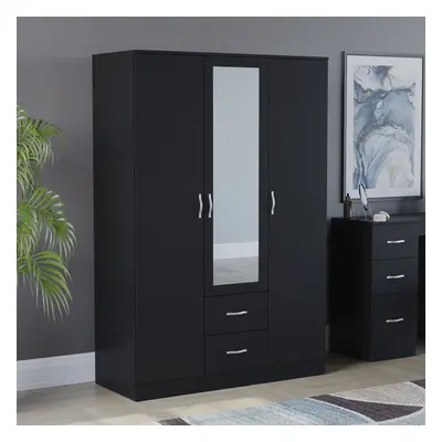 (Black) Riano Door Drawer Mirrored Bedroom Wardrobe