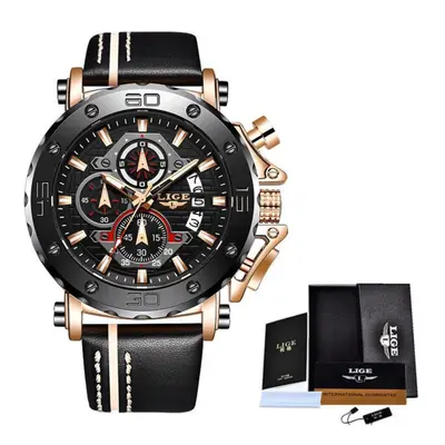 (Gold Black) LIGE New Mens Watches Top Brand Luxury Big Dial Military Quartz Watch Leather Water