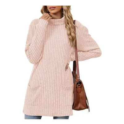 (XXL, pink) New Solid Color Half Turtle Neck Long Sleeve Casual Pocket Tops for Women Tops