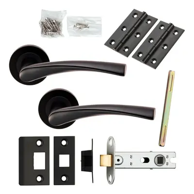 Door Handle & Latch Pack Matt Black Twist Curved Lever Screwless Round Rose