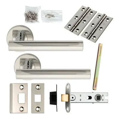 Door Handle & Latch Pack Polished Steel Round T Bar Lever Screwless Rose