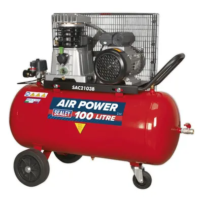 100 Litre Mobile Belt Drive Air Compressor - 3hp Motor - Cast Cylinders - Wheels