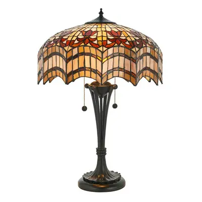 Tiffany Glass Table Lamp Light Dark Bronze & Multi Colour Scalloped Shade i00232