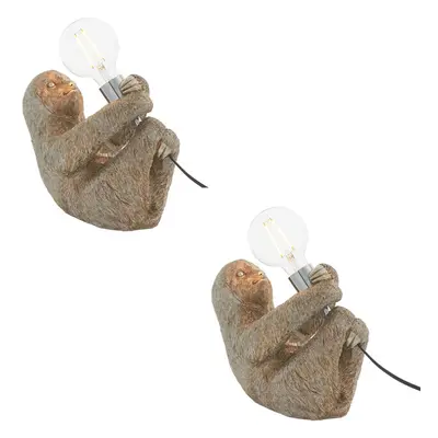 2 PACK Vintage Silver Sloth Table Light - Resin Figure - Chrome Lamp Holder