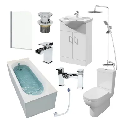 1700mm Single Ended Bathroom Suite Bath Shower Screen Basin Taps Toilet Waste