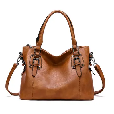 (brown) Vintage Leather Tote Spacious Elegant Shoulder Handbag