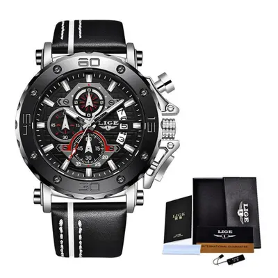 (Silver Black) LIGE New Mens Watches Top Brand Luxury Big Dial Military Quartz Watch Leather Wat