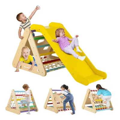 4-in-1 Triangle Climbing Set Wooden Toddler Climber with Ramp Sliding Board