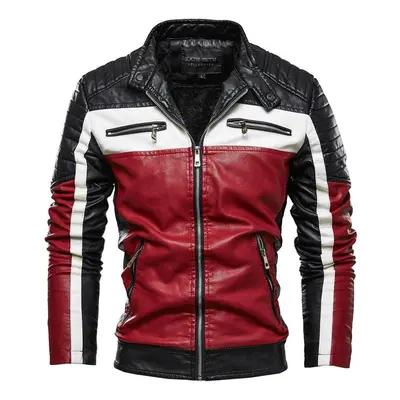 (red, XL) Men&apos;s Plush Leather Jacket Men&apos;s Trendy Motor Leather Jacket Outwear Men Win