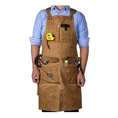 Work Apron for Men, Heavy Duty Waxed Canvas Tool Apron for Carpenter, Woodworker with Cross-Back