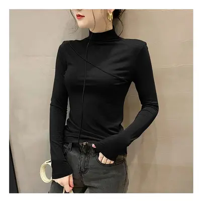 (black, S) Spring Autumn Women's Clothing Solid Color Pullover Long Sleeve Comfortable Half High