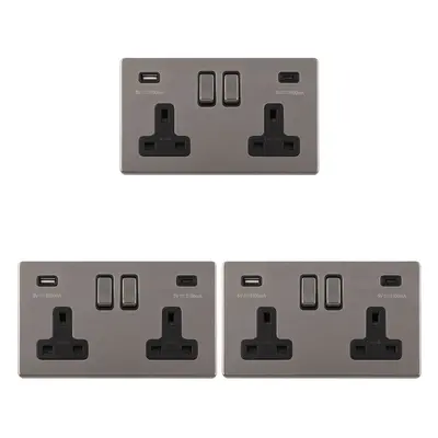 3 PACK Gang Double 13A UK Plug Socket & 2x 3.1A USB-C SCREWLESS BLACK NICKEL